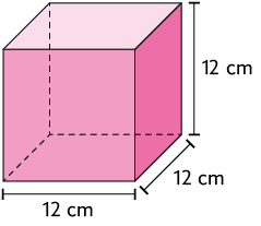Ilustração de um paralelepípedo reto retângulo, com as dimensões: 12 centímetros de altura, 12 centímetros de comprimento e 12 centímetros de largura.