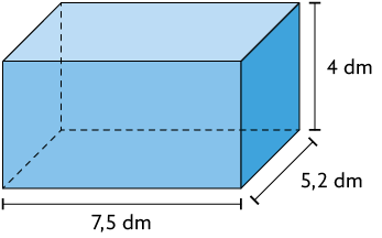 Ilustração de um paralelepípedo reto retângulo, com as dimensões: 4 decímetros de altura, 7,5 decímetros de comprimento e 5,2 decímetros de largura.