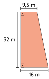 Ilustração de um trapézio, com a base maior medindo 16 metros, base menor medindo 9,5 metros e a altura, que é um dos lados, medindo 32 metros.