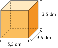 Ilustração de um cubo com a demarcação de que sua altura, comprimento e largura medem 3,5 decímetros.