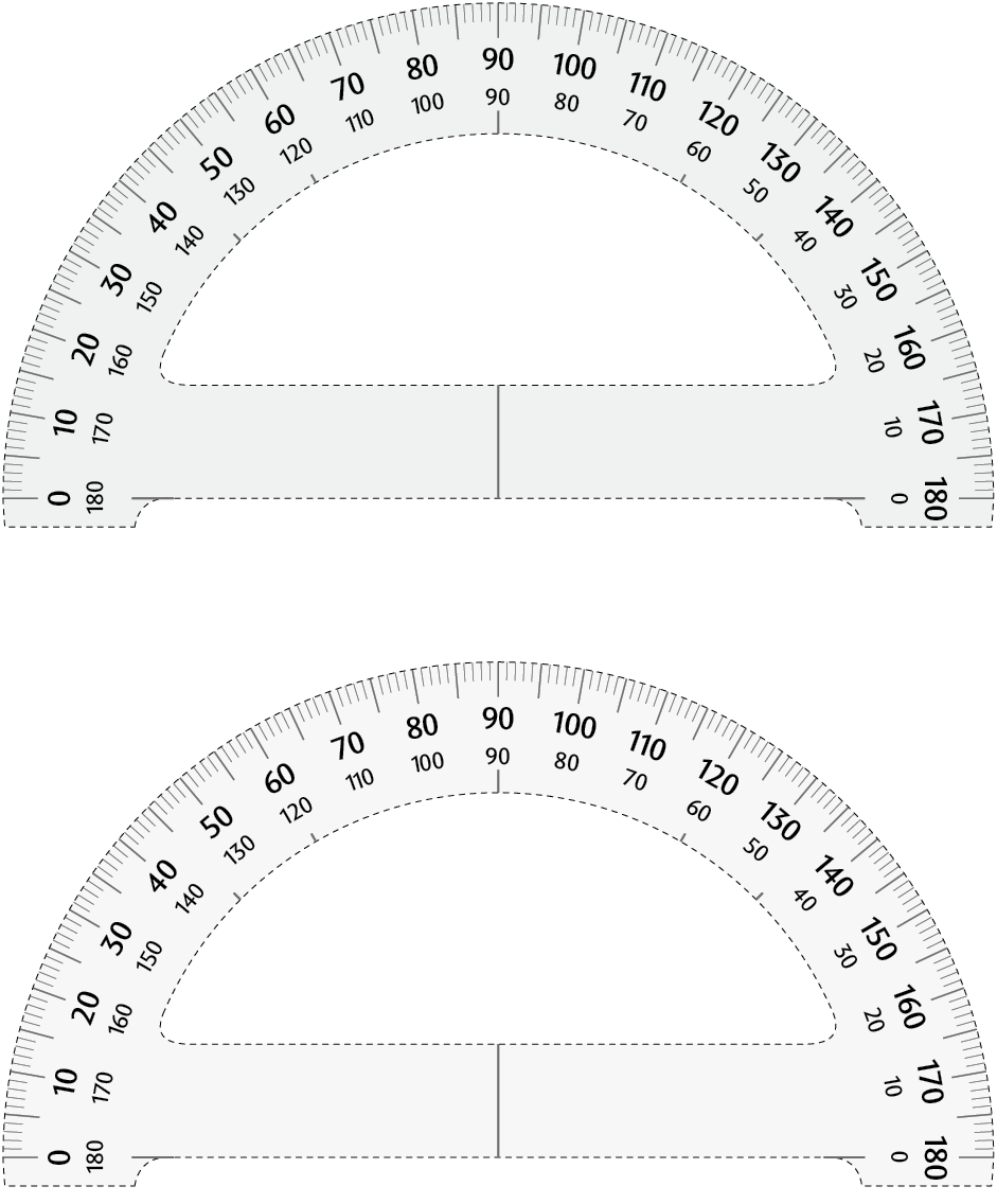 Ilustração de dois transferidores de meia-volta, com os 180 graus demarcados.