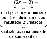 Expressão algébrica. abre parênteses 2x mais 2 fecha parênteses menos 1. No parênteses está indicado: multiplicamos o número por 2 e adicionamos ao resultado 2 unidades'. A expressão inteira está indicada: 'subtraímos uma unidade da soma obtida'.