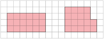 Malha quadriculada com duas figuras: um retângulo de 6 quadrinhos de comprimento e 3 de altura; e a outra figura é formada por dois retângulos: um com comprimento 5 e altura 2, junto com outro retângulo de comprimento 4 e altura 2 quadradinhos. 