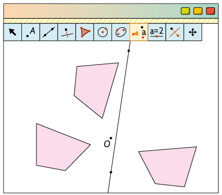 Ilustração de um software de geometria com três polígonos desenhados, iguais mas rotacionados de maneiras distintas em torno do ponto O, e uma reta entre eles, com dois pontos distintos sobre ela. Há ícones de seleção e o ícone de rotação está selecionado.