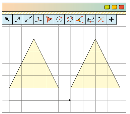Ilustração da tela de um software de geometria, com malha quadriculada, com triângulos iguais, lado a lado, desenhados e um vetor abaixo, na horizontal com 5 unidades.