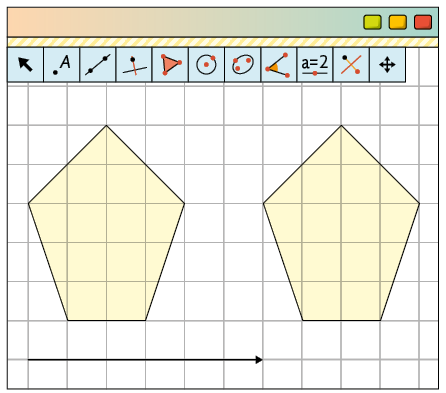 Ilustração com a representação de um software de geometria, com malha quadriculada, com duas figuras iguais, uma transladada da outra por 6 quadrados da malha, e um vetor abaixo, na horizontal com 6 unidades.