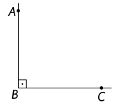Ilustração de um ângulo de 90 graus, entre duas semirretas de mesma origem B, perpendiculares entre si, uma possui o ponto A e outra possui o ponto C. 