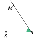 Ilustração de um ângulo entre duas semirretas de mesma origem L, uma possui o ponto M e outra possui o ponto K. O ângulo tem medida maior do que 0 grau e menor do que 90 graus.