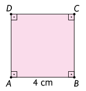 Ilustração de um quadrado ABCD, com medida do lado igual a 4 centímetros.