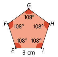 Ilustração de um pentágono FEIHG possuindo todos os lados com a mesma medida de comprimento: 3 centímetros e todos os ângulos internos medindo 108 graus.