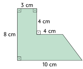 Figura de 6 lados composta por um retângulo e um trapézio retângulo. O retângulo da parte superior da figura tem medida de comprimento 3 centímetros, e medida de largura sendo 8 centímetros. O trapézio, que compõe lateral da figura, tem medida de comprimento sendo 7 centímetros na base maior e 4 centímetros na base menor. 