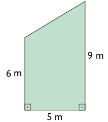 Ilustração de um trapézio retângulo. A base maior tem medida de comprimento igual a 9 metros, base menor: 6 metros e altura medindo 5 metros.
