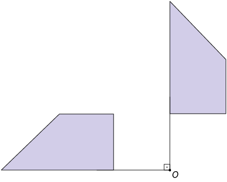 Ilustração de uma figura com um de seus lados em um dos segmentos de reta que forma o ângulo de 90 graus no ponto O, com outro segmento de reta, contendo outra figura, e elas estão iguais em relação a cada segmento que a acompanha.