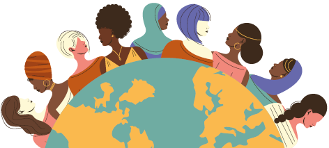 Ilustração de uma parte do globo terrestre com o busto de várias mulheres em volta, de várias cores, etnias, entre outras diferenças visíveis.