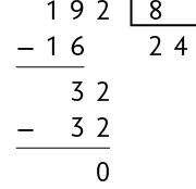 Algoritmo da divisão de 192 dividido por 8, resultando em 24 com resto 0. Abaixo do número 192, há uma subtração, em que há o sinal de menos e o algarismo 16 posicionado abaixo do 19, resultando em 3. Ao lado do 3, o algarismo 2 do número 192 se repete e há outra subtração, agora de 32 menos 32, resultando no resto zero . 