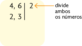 Parte da decomposição simultânea dos números 4 e 6. Há um segmento de reta na vertical, com os seguintes números: na primeira linha: 4 e 6 à esquerda e o 2 à direita do segmento; na segunda linha 2 abaixo de 4 e 3 abaixo de 6. Há uma seta indicando que o 2 à direita do segmento de reta 'divide ambos os números'.