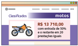 Ilustração de uma captura de tela de classificados de motos. Texto: '13 mil 710 reais com entrada de 50 por cento e o restante em 20 prestações iguais'.