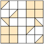 Ilustração de um quadrado, dividido em 25 partes iguais. Estão coloridas de laranja: 8 partes inteiras e 6 partes que estão coloridas pela metade o restante está colorido de branco.