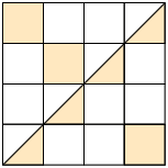 Ilustração de um quadrado, dividido em 16 partes iguais. Estão coloridas de laranja: 3 partes inteiras e 4 partes que estão coloridas pela metade o restante de branco.
