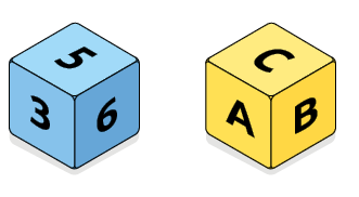 Ilustração de dois cubos com 3 faces aparentes. Um deles tem a  indicação de números em cada uma das faces: as faces frontais possuem 3, 6  e a face de cima possui o número 5. O outro tem a indicação de letras em cada uma das faces: as faces frontais possuem as letras A e B e a face de cima possui a letra C.