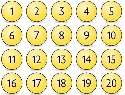 Ilustração e 20 bolinhas numeradas com números de 1 a 20.