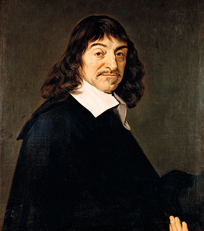 Fotografia. Pintura da imagem do matemático e filósofo francês René Descartes, com cabelos compridos vestindo um sobretudo. Ao fundo uma parede escura.