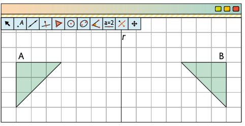 Ilustração. Tela do software de geometria dinâmica com a ferramenta Polígono, da barra de ferramentas, selecionada. Na tela há uma malha quadriculada com uma reta r ao centro na vertical, separando dois triângulos iguais. À esquerda da reta está um triângulo, figura A, com dois lados de mesmo comprimento, ambos com medidas de três unidades da malha, um posicionado em cima horizontalmente e outro do lado esquerdo verticalmente. À direita da reta está o outro triângulo, figura B, que é o espelhamento da figura A pela reta r.    