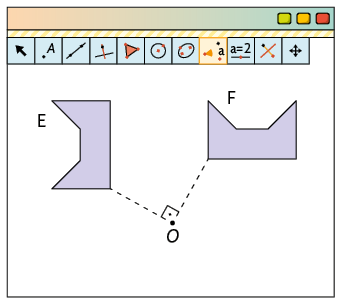 Ilustração. Na tela, à esquerda, a figura E, à direita, a imagem obtida por sua rotação em torno de um ponto O. Há um ângulo de medida 90 graus demarcado entre as figuras e com vértice no ponto O.