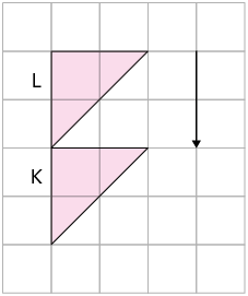 Ilustração. Malha quadriculada com dois triângulos iguais, um abaixo do outro, ambos de mesma medida, duas unidades da malha. O triângulo de cima está indicado pela letra L e o de baixo pela letra K. Ao lado do triângulo de cima há uma seta vertical apontando para baixo, com comprimento igual a duas unidades da malha.     
