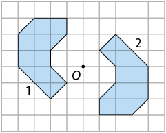 Ilustração. Malha quadriculada. Nela, à esquerda, um polígono de 9 lados indicada pelo número:  1, à direita a imagem obtida por sua rotação, em torno de um ponto O, de 180 graus, indicada pelo número: 2.