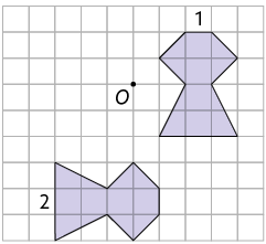 Ilustração. Malha quadriculada com um ponto O e, à direita, um polígono indicado pelo número: 1 e, abaixo, um polígono indicado pelo número: 2. Ambos os polígonos são iguais. O polígono 2 está rotacionado em relação ao ponto O 90 graus para a direita, quando comparado ao polígono 1. 