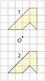 Ilustração. Malha quadriculada com um ponto O ao centro, um polígono acima, indicado pelo número 1, e um polígono abaixo, transladado 6 unidades para baixo, indicado pelo número 2. Ambos são iguais, de 6 lados cada e estão em mesmas posições. 