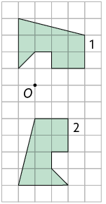 Ilustração. Malha quadriculada com um ponto O ao centro, um polígono acima, indicado pelo número 1, e um polígono abaixo, indicado pelo número 2. Ambos são semelhantes, de 7 lados cada e estão em posições diferentes, o polígono 1 está  rotacionado em relação ao ponto O, 90 graus para a direita. 