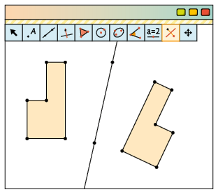 Ilustração. Tela do software de geometria dinâmica com a ferramenta Reflexão em relação à uma Reta, da barra de ferramentas, selecionada. Na tela há uma reta diagonal ao centro, inclinada para a direita, com dois pontos sobre ela, e duas figuras, uma à esquerda e outra à direita da reta, ambos polígonos iguais de 6 lados, mas espelhados em relação a reta.