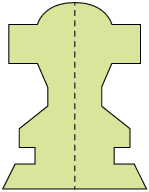 Ilustração. De uma figura recortada na dobra de uma folha de papel que agora foi aberta reproduzindo a mesma figura do outro lado formando uma única figura simétrica com o eixo de simetria exatamente na dobra do papel que está indicado por uma linha pontilhada. A figura apresenta 13 lados, o primeiro possui um formato curvo, o segundo adjacente a este lado curvo, está verticalmente com relação à base da folha de papel, o terceiro está horizontalmente, o quarto verticalmente, o quinto está na diagonal, o sexto, um traço horizontal, o sétimo, um traço comprido na diagonal, o oitavo, um traço horizontal, o nono, um traço vertical, o décimo um traço horizontal, o décimo primeiro, um traço vertical, o décimo segundo um traço diagonal e o décimo terceiro um traço vertical até a dobra do papel. A figura se repete simetricamente após a dobra do papel.