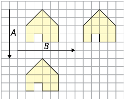 Ilustração de uma malha quadriculada com 3 figuras iguais, e dois vetores A e B. A segunda figura é a translação da primeira 7 quadrados da malha para a direita e a outra figura é a translação da primeira figura 7 quadrados da manha para baixo. O vetor A indica a translação de 7 quadradinhos para baixo e o vetor B indica a translação 7 quadradinhos para a direita.