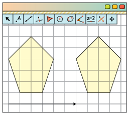 Ilustração com a representação de um software de geometria, com malha quadriculada, com duas figuras iguais, uma transladada da outra por 6 quadrados da malha, e um vetor abaixo, na horizontal com 6 unidades.