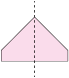 Ilustração do polígono anterior de 5 lados, dividido ao meio, por um eixo vertical tracejado, em duas figuras simétricas. 