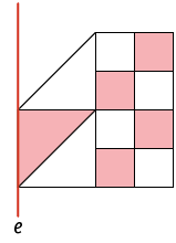Ilustração. Mosaico formado por três triângulos e oito quadrados da seguinte forma: À direita de um eixo e na vertical,  encostado, na parte inferior, um quadrado formado por dois triângulos; acima do quadrado, outro triângulo. Ao lado direito dos triângulos, oito quadrados empilhados em duas colunas.