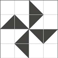 Ilustração de um quadrado dividido em 16 quadradinhos iguais. Há uma figura parecida com um cata-vento desenhada, utilizando 8 metades de quadradinhos pintados.
