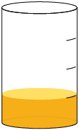 Ilustração de um recipiente cilíndrico graduado com 4 graduações indicadas por traços. Ele está preenchido por líquido até a primeira graduação.