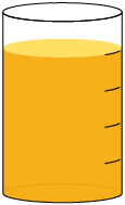 Ilustração de um recipiente cilíndrico graduado com 5 graduações indicadas por traços. Ele está preenchido por líquido até a quarta graduação.