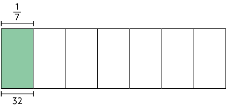 Ilustração de um retângulo dividido em 7 partes iguais. 1 dessas partes está colorida de verde e o restante de branco. Há a indicação de que a parte pintada equivale a 1 sétimo ou 32.