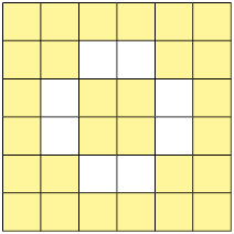 Ilustração de um quadrado dividido em 36 partes iguais, das quais 28 estão pintadas de amarelo e o restante de branco.