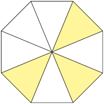 Ilustração de um octógono dividido em 8 partes iguais, das quais 3 estão pintadas de amarelo e o restante de branco.