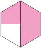Ilustração de um hexágono dividido em 4 partes iguais, das quais 3 estão pintadas de rosa e o restante de branco.