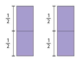 Ilustração. Dois retângulos, um ao lado do outro, ambos com medida da base menor que a medida da altura, cada um dividido horizontalmente em outros dois retângulos iguais. À esquerda de cada um dos dois retângulos maiores, há um segmento de reta vertical da mesma altura dos retângulos maiores, também dividido na metade, com a fração um meio escrita na parte de cima e outra fração um meio na parte de baixo.   