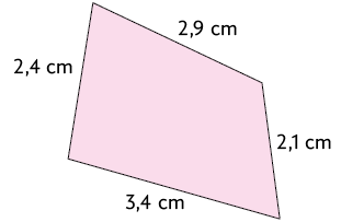 Ilustração. Quadrilátero com indicação da medida do comprimento de seus lados: 2,4 centímetros; 2,1 centímetros; 2,9 centímetros; e 3,4 centímetros.  
