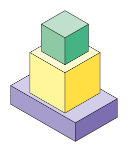 Ilustração. Três paralelepípedos empilhados, cada um deles é reto retângulo. Embaixo está o paralelepípedo de cor roxa. Ele está deitado, com altura 6,3 centímetros. Acima dele está o paralelepípedo amarelo, e acima do amarelo está o paralelepípedo verde. 