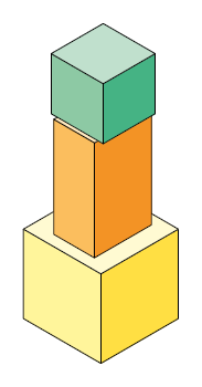 Ilustração. Três paralelepípedos empilhados, cada um deles é reto retângulo. Embaixo está o paralelepípedo de cor amarela. Acima dele está o paralelepípedo de cor laranja com sua altura sendo o lado de 17,6 centímetros, e acima do laranja está o paralelepípedo verde. 